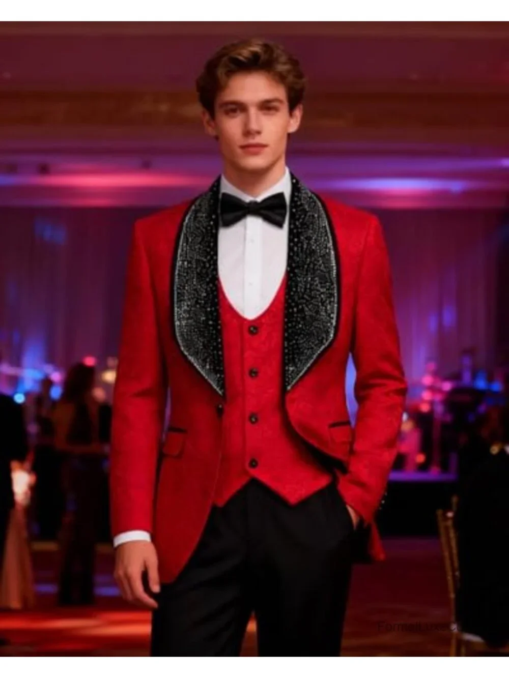 3 Piece Jacquard Tuxedo Suit with Rhinestone Lapel for Men Wedding Prom